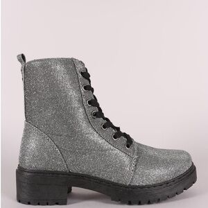 Qupid Silver Glitter Combat Boots